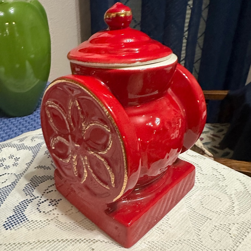 Vintage House of Webster Ceramic Cookie Jar Coffee Grinder Red 8.5" Tall